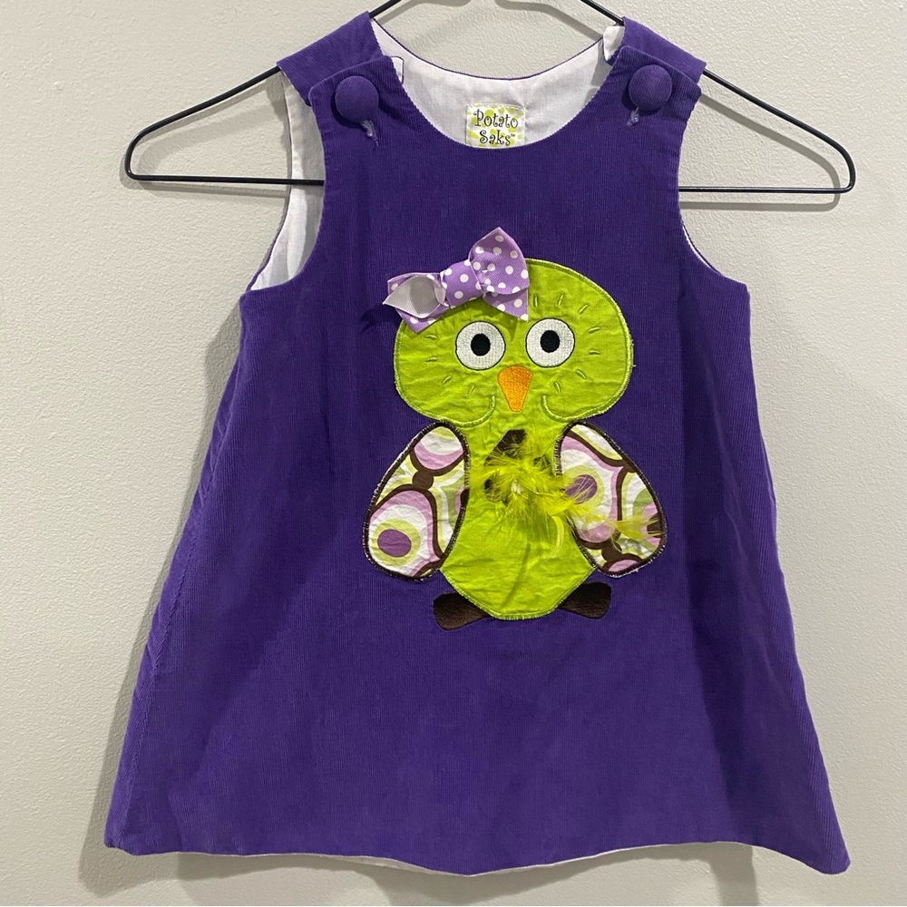 Potato Saks Size 2T Purple Thin Wale Corduroy Dress with Green Bird Appliqué